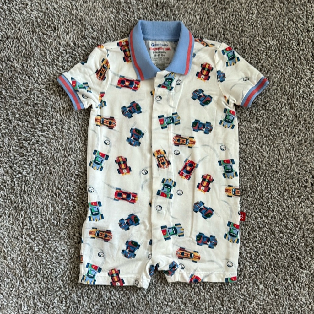 Magnetic Me race car polo shortie bodysuit, 6-9mo, like new!